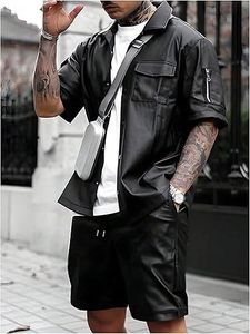 Shorts en cuir véritable pour homme, noirs, décontractés, style club, avec poches, fermeture éclair courte, en peau d'agneau, toucher doux - Product Image 2