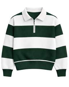 Sudadera Verde Oscuro con Rayas Blancas y Cierre de Cremallera para Hombre, Cuello Camisero, Forro Polar, Informal, de Invierno, Fabricante Personalizado - Product Image 1