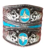 Brazaletes Anchos de Turquesa Tallada a Mano con Mantra Tibetano, Signos Auspiciosos, Plata de Ley, Sin Níquel, Metal Blanco