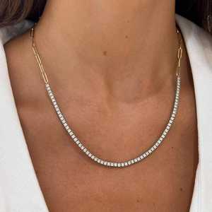 3 Ct Half Tennis Half Paperclip Chain Pave Round Lab Grown Diamond Necklaces 14K 18K <b>Solid</b> <b>Gold</b> 17inches Lobster clasp Wholesale - Product Image 2