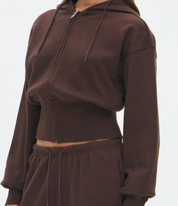 High Quality Vintage Custom Women Oversized <b>Zip</b>-<b>Up</b> Knitted Hoodie Organic Cotton Fleece <b>Crop</b> Top Tracksuit Set Front Autumn - Product Image 5