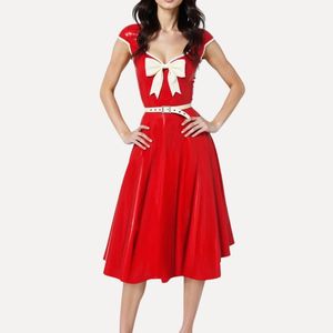 Red PU Leather Midi <b>Dress</b> With White Bow Cap Sleeve A-Line Vintage Party Wear Fitted Sweetheart Neck Solid Color - Product Image 5