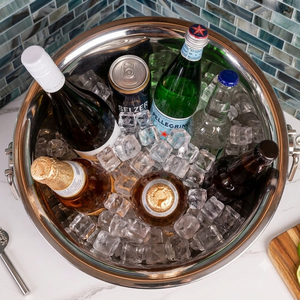 Grande cuve à vin et boissons en acier inoxydable poli avec poignées en anneau et base sur pied pour la vaisselle de fête, vente en gros - Product Image 5