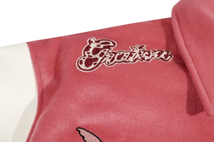 Blousons universitaires épais style baseball rose classique avec fermeture boutonnée, logo personnalisé et broderie chenille - Product Image 3