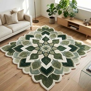 Nature Inspired Green Leaf Mandala Area Rug Plush Botanical Tufted Carpet Modern Living Room Bedroom Decorative Floor Rug Home - Product Image 2