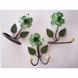 Set Of 3 Green Rose <b>Wall</b> <b>Mounted</b> Hooks With Leaves Decorative Metal Hangers For Bedroom Bathroom Entryway <b>Wall</b> Storage Decor - Product Image 1