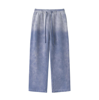 Pantalones de chándal de felpa de pierna ancha para mujer, de cintura media con cordón, ajuste holgado, largos, de algodón, color azul liso, estilo otoñal