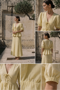 Ensemble coordonné en coton de créateur - Haut d'été jaune à manches bouffantes associé à une jupe longue confortable, deux pièces, vente en gros - Product Image 6