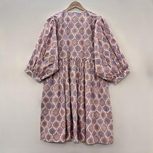 Vestido casual midi de mujer, 100% algodón, liso, manga corta, cintura imperio, estilo babydoll, cuello en V, holgado, para uso diario. - Product Image 3