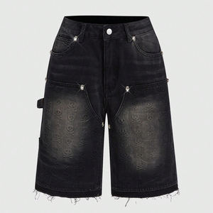 Shorts en jean personnalisés Up Felt avec motif tête de mort en relief, style streetwear vintage, 100% coton, coupe ample, unisexe - Product Image 5