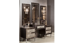 Juego de dormitorio de lujo de madera maciza de teca con capitoné, estilo Mid-Century, tamaño California King, con mesitas de noche talladas en oro y tocador, ideal para villas y hoteles. - Product Image 5