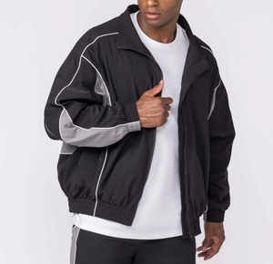 Men's Black Sporty <b>Track</b> <b>Jacket</b> With White Trim Stand Collar Zipper Front Breathable Polyester Outer Wear Set - Product Image 2