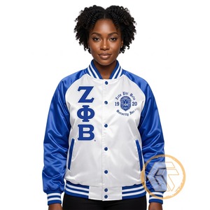 เสื้อแจ็คเก็ตวาร์ซิตี้ฤดูหนาว Zeta Phi Beta แบบสั่งทำพิเศษจาก GREEK TREASURES เสื้อผ้าสำหรับชมรมนักศึกษา คุณภาพสูง ระบายอากาศได้ดี ซับในผ้าซาตินไหม ติดกระดุม - Product Image 1