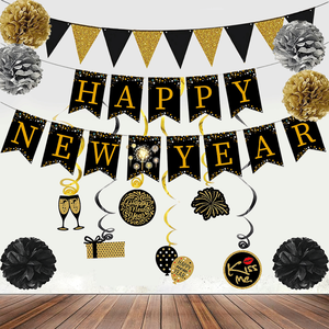Set de Decoración para Fiesta de Año Nuevo, 15 Piezas, Pancarta Negra y Guirnalda de Papel Dorado, 6 Serpentinas Colgantes - Product Image 5