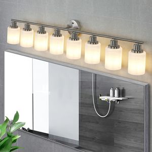 Applique da Parete Moderna a 8 Luci da 52 Pollici, Finitura Nichel Spazzolato, Paralumi in Vetro Satinato per Illuminazione Bagno e Corridoio, Senza Lampadine - Product Image 2