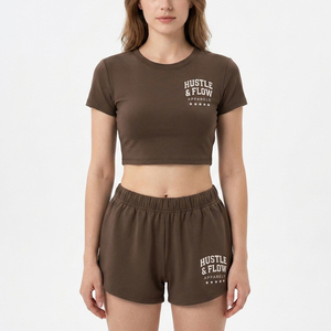 Latest Arrival Solid Color Crop T Shirt and Shorts <b>Set</b> 100% Cotton Women Short Sleeve Crop T Shirts With Shorts <b>Twin</b> <b>Set</b> - Product Image 2