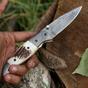 Cuchillo plegable de acero de Damasco para colección de equipo de exterior, cuchillo de bolsillo de Damasco con elegante diseño de mango, hecho a mano. - Product Image 5