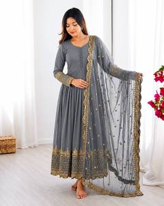 Premium Faux Georgette Anarkali Gown With Heavy <b>Net</b> Dupatta Embroidered Sequins Full Sleeves Festive Ethnic Wear Set - Product Image 2