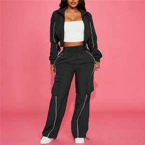 Spring New Fashion Two Piece Outfits Woman Long Sleeves Stripe Patchwork Pocket Crop Top and <b>Pants</b> - Product Image 3