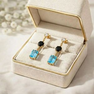 Sky Blue Topaz & Black Obsidian Gemstone <b>Earrings</b> Rectangle Cut Drop Stud <b>Dangle</b> With CZ Accent Elegant Minimal Jewelry Gift - Product Image 3