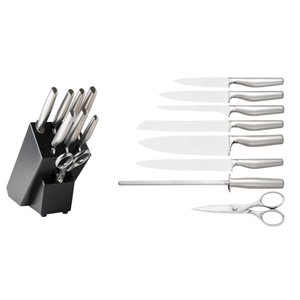 Ensemble de 8 couteaux de cuisine professionnels avec lames en acier inoxydable, bloc de rangement noir, manches en métal, ciseaux de cuisine et aiguiseur - Product Image 1