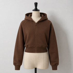 Sweat-shirt à capuche court pour femme, marron, manches longues, fermeture éclair, couleur unie, tricoté, 100% coton, style automne - Product Image 3