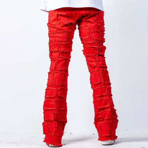 Jean cargo rouge déchiré à empiècements pour homme, coupe droite, taille haute, style urbain avec poches effilochées - Product Image 3