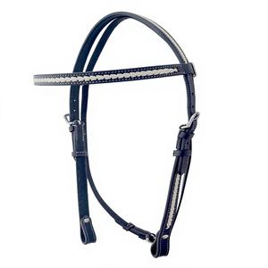 Têtière de cheval western réglable en cuir véritable tressé à la main, avec frontale droite en cuir brut blanc et cuir noir 528 - Product Image 1