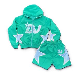 Premium Quality Custom Comfortable Tracksuit <b>Wind</b> <b>Breaker</b> Zip up Hoodie and Shorts Set Plain Windbreaker Short Set for Men - Product Image 1