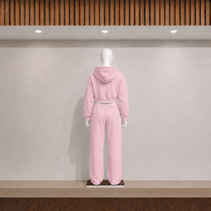 Ensemble sweat-shirt court à capuche rose pour femme, en molleton 100% coton, avec fermeture éclair, manches longues, pantalon long, couleur unie, brodé, coupe classique - Product Image 2