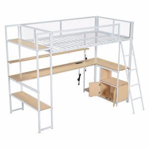 White Twin Size Metal Loft <b>Bed</b> with Built-in Work Station & <b>LED</b> Multiple Storage Compartments - Product Image 6