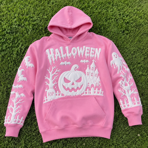 Sweat-shirt à capuche rose Halloween avec imprimé en relief Citrouille, Fantôme, Chauve-souris, en molleton de coton oversize, unisexe, décontracté, pour l'automne, OEM - Product Image 6