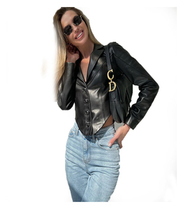 Women's Black Genuine Leather Moto Jacket Full Sleeve <b>Zipper</b> Closure Stand Collar Autumn Style - Product Image 2