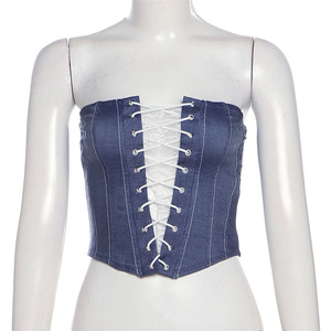 Women's <b>Strapless</b> Denim <b>Corset</b> Top With Lace-Up Front Vintage Style Blue Cotton Spandex Blend Tank Top - Product Image 1