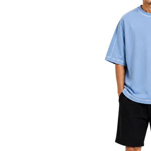 Light Blue And Black Mens Oversized <b>T</b> <b>Shirt</b> And Shorts Set Custom Logo Contrast Stitching Casual Streetwear Summer Two Piece Set - Product Image 3