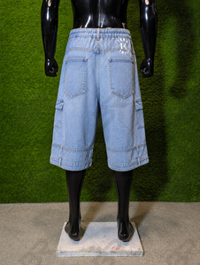 Light Wash <b>Denim</b> <b>Cargo</b> <b>Shorts</b> <b>Men</b> Patchwork Embroidery Cotton Spandex High Waist Vintage Eco-Friendly Casual Streetwear - Product Image 3