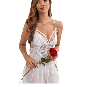 Camisón de Encaje Blanco para Mujer, Estilo Romántico sin Mangas, Largo, de Tela Suave de Spandex y Nailon, Ropa de Dormir para Verano - Product Image 1
