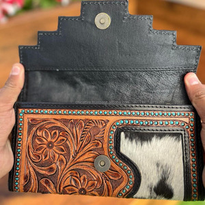 Nouveau Western élégant cheveux sur peau couleur usiné fourrure cuir pochette femmes conçu sac à main vente chaude en cuir usiné portefeuille Unique - Product Image 5