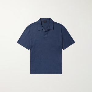 Camisa de Hombre Azul Marino de Algodón Piqué de Manga Corta, Color Sólido, Casual, Transpirable, Corte Regular, Cuello Johnny, Estampado Digital - Product Image 1