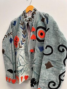 Handmade Suzani Embroidery Velvet <b>Jacket</b> for Women Vintage Sage Green Quilted Winter Coat Elegant <b>Mandarin</b> <b>Collar</b> Short Coat - Product Image 4