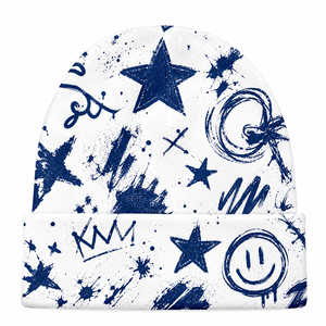 Custom Beanie Cap with Blue Graphic Print Pattern and Folded Cuff <b>Winter</b> Street Wear <b>Hat</b> for <b>Men</b> and Women Outdoor Wear Designs - Product Image 4