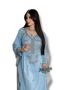 Vestido de Novia Elegante Awais HOUSE para Mujer, Azul Claro, Bordado, Salwar Kameez, Cuello en V, Manga Larga, Largo hasta el Suelo, Material de Rayón - Product Image 6