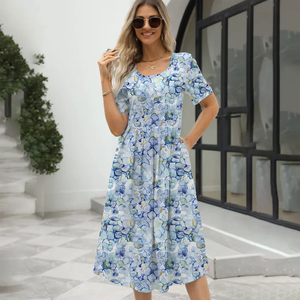 Vestido de Verano 2026 para Mujer, Estilo Europeo y Estadounidense, Elegante, Estampado, Cuello Redondo, Manga Corta, con Cierre - Product Image 2