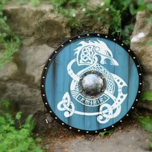 Ahmad Fabric Viking Shield with White Dragon Design Teal Ply <b>Wood</b> & Carbon Steel Finish Metal Center <b>Spike</b> Shield DIY Grade - Product Image 4