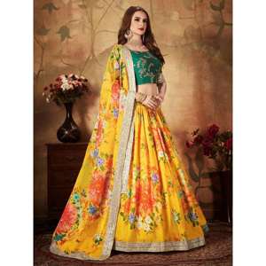 Organza nuptiale Lehenga Choli imprimé numérique floral jaune-vert - Product Image 6