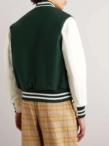 Men's Green Varsity Jacket White Sleeve Preppy Style Regular Fit Button Closure Turn-down Collar Autumn <b>Wool</b> Polyester Front - Product Image 2