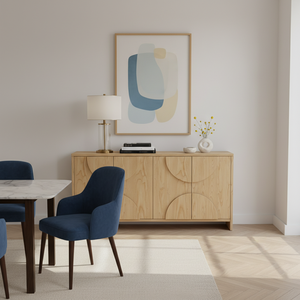 Buffet en bois moderne demi-cercle, meuble de rangement en bois à 4 portes avec panneau en arc, design moderne en arc - Product Image 3