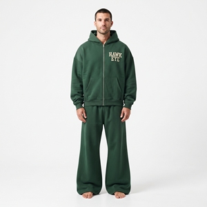 Men's Full Zip Relaxed Fit Full Sleeve Drop Shoulder <b>Hoodie</b> And Wide Leg Jogger Set 100% Cotton <b>Fleece</b> Two Piece Set - Product Image 1
