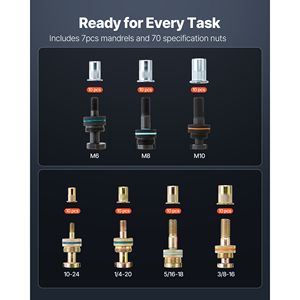 Kit de Herramientas para Tuercas de Remache de 14 Pulgadas, Tamaños Métricos y SAE M6, M8, M10, 7 Mandriles, 70 Tuercas para Fijación, Juego de Herramientas Duradero y Versátil - Product Image 2