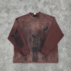 Sudadera Oversize para Hombre, Color Borgoña, Lavado Ácido, Estampado Gráfico con Diseño de Cuervo, Manga Larga, Cuello Redondo, Estilo Urbano, Hip Hop, Casual - Product Image 2